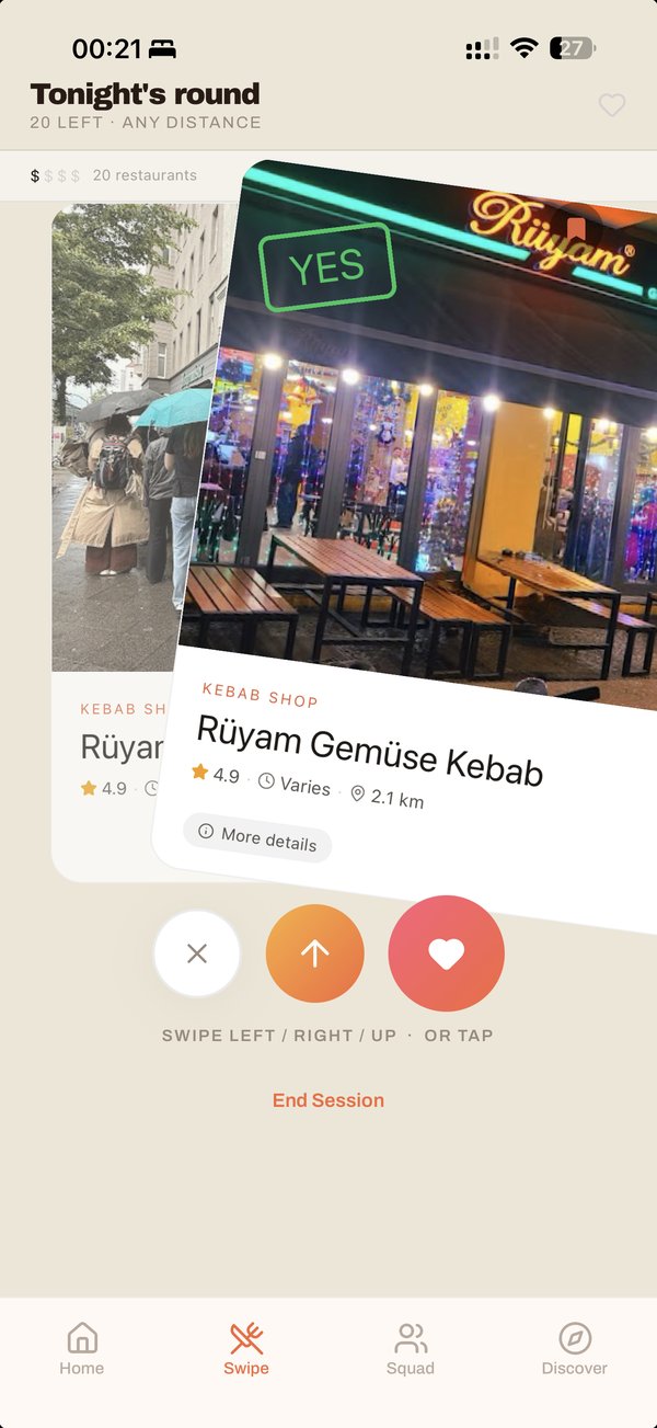 JOSI swipe deck with YES on Rüyam Gemüse Kebab